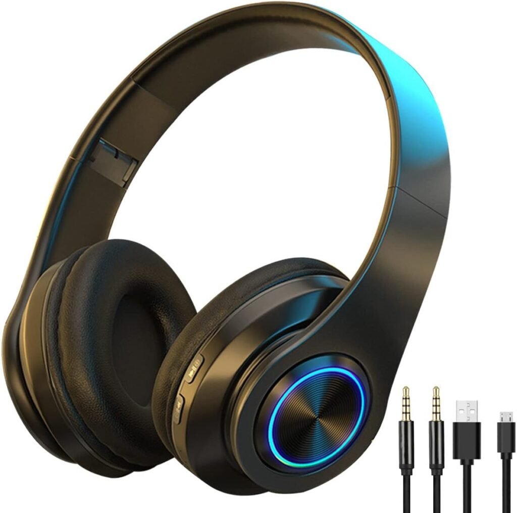 Bluetooth Headphones Over Ear Foldable Wireless Headset BT5.1 Colorful LED Lights Noise Cancelling Headphones Volume Control Wired and Wireless Modes Built in Mic for Cell Phones TV PC and Traveling