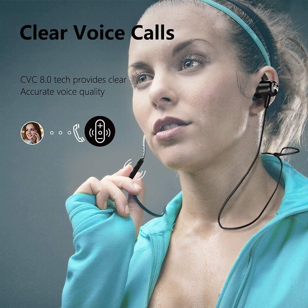 Bluetooth Headphones, Wireless Bluetooth Earphones, Bluetooth Earbuds with CVC 8.0 Built-in Microphone, 20 Hours Use Time, IPX7 Waterproof, Bluetooth Sports Headphones (BLACK)