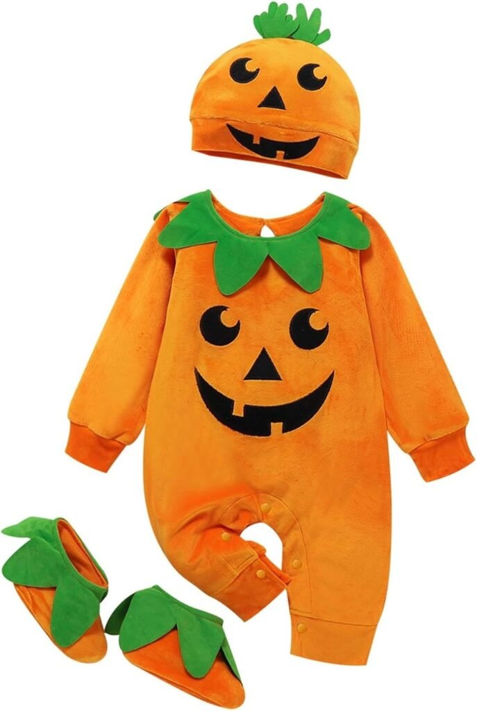 Boy Winter Romper Children’s Clothing Baby Jumpsuit Halloween Pumpkin Hat Long Sleeved Crawling Suit Shoes Three Set