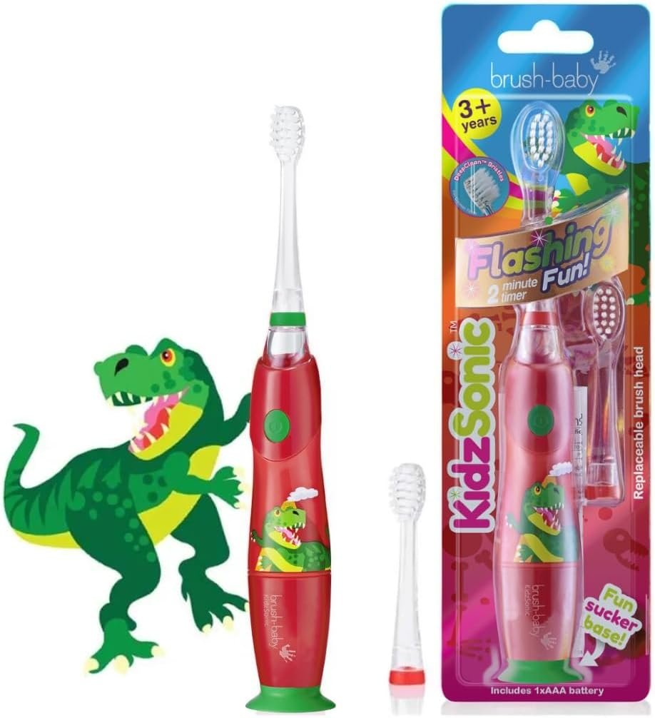 Brush Baby KidzSonic Toddler and Kid Electric Toothbrush for Ages 2-3 – 4-5 – 6-7 – 8-9 Ideal for 2 and 3+ Years – Disco Lights, Gentle Vibration, and Smart Timer – Dinosaur