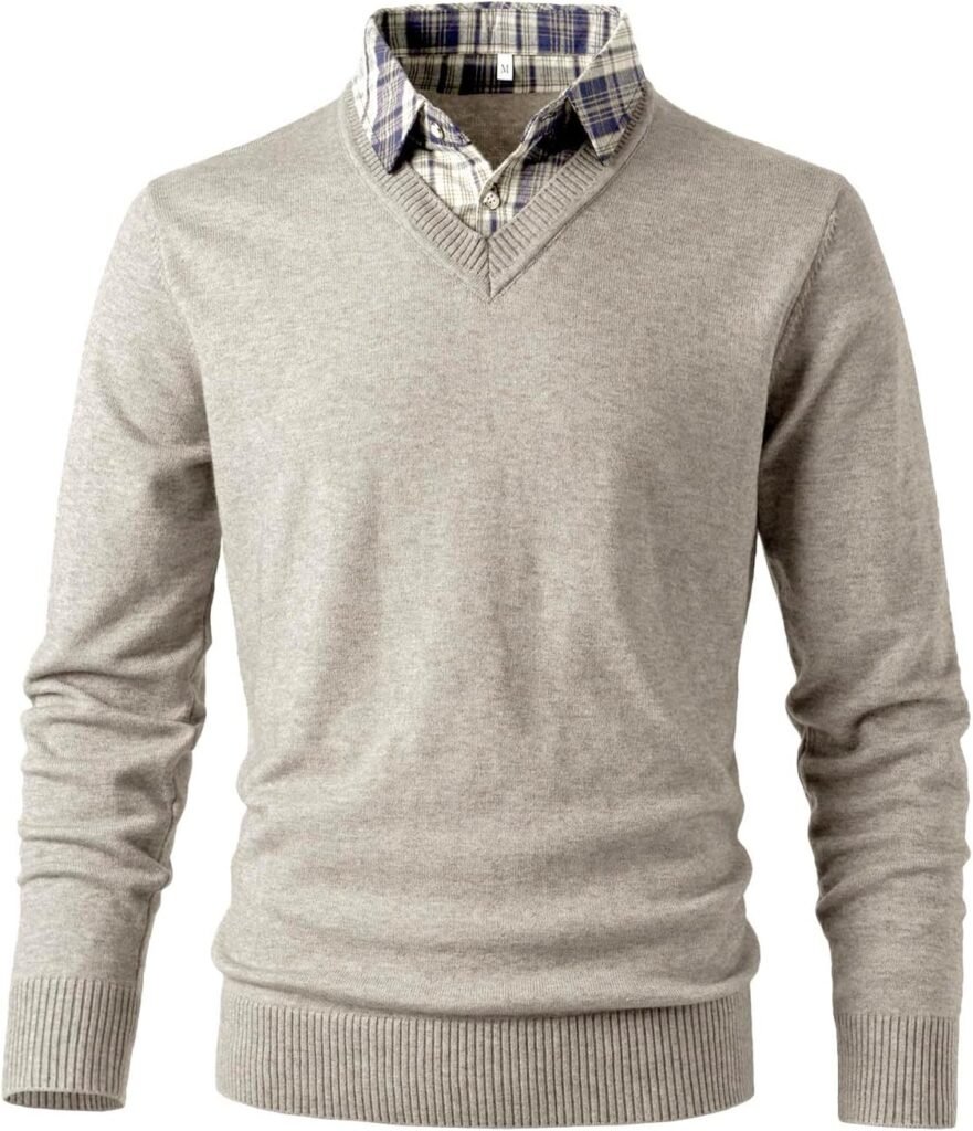 Btmpmcs Mens Plain V Neck Jumpers Casual Slim Fit Knitwear Pullover Sweaters Long Sleeve with Mock Shirt Collar Insert Knitted Sweatshirt Shirts Tops