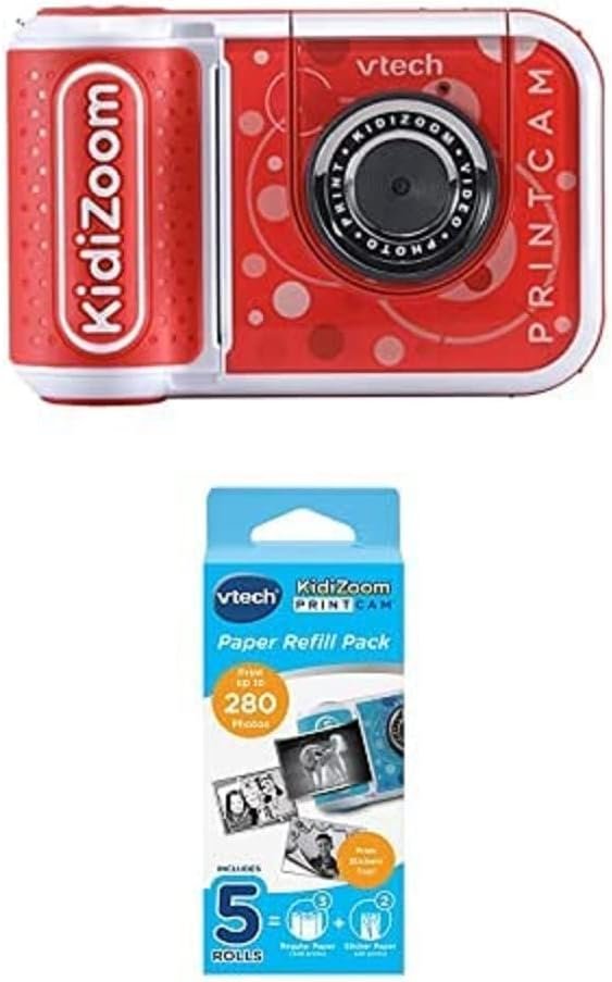 Bundle of VTech KidiZoom PrintCam (Red), Digital Camera for Children with Built-In Printer + VTech KidiZoom PrintCam Thermal Printing Paper for Print Camera