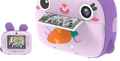 CAMCLID Instant Camera for Kids, 1080P Kids Camera Instant Print with No Ink Print Paper & 32G Card,Selfie Digital Camera & Video Camera with 2.4” Screen, Toy Gift for Girls Boys 3-12 (Purple)