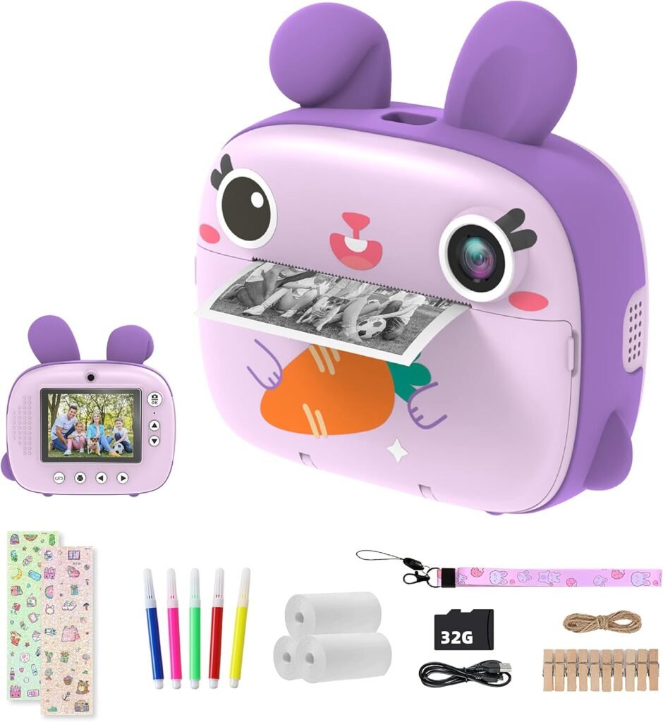 CAMCLID Instant Camera for Kids, 1080P Kids Camera Instant Print with No Ink Print Paper & 32G Card,Selfie Digital Camera & Video Camera with 2.4” Screen, Toy Gift for Girls Boys 3-12 (Purple)