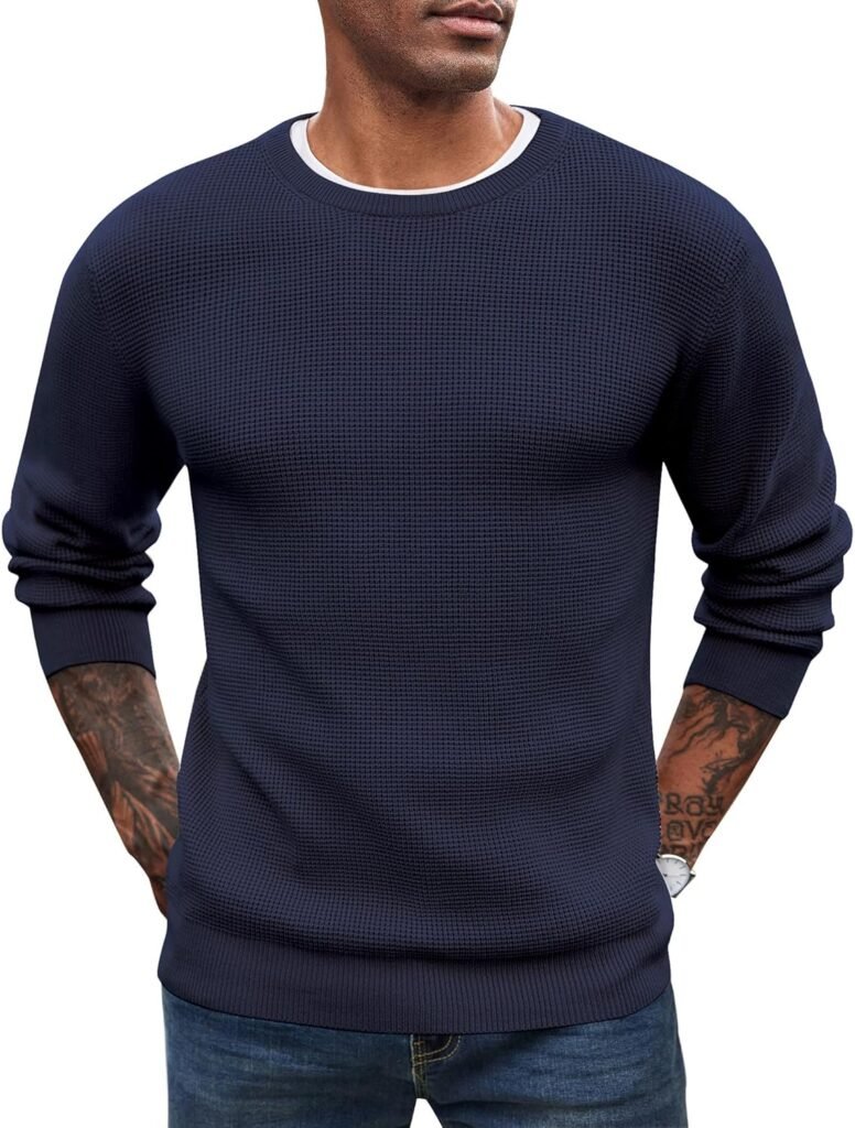 COOFANDY Men’s Crew Neck Jumpers Knitted Slim Fit Sweaters Casual Lightweight Waffle Textured Long Sleeve Sweatershirts