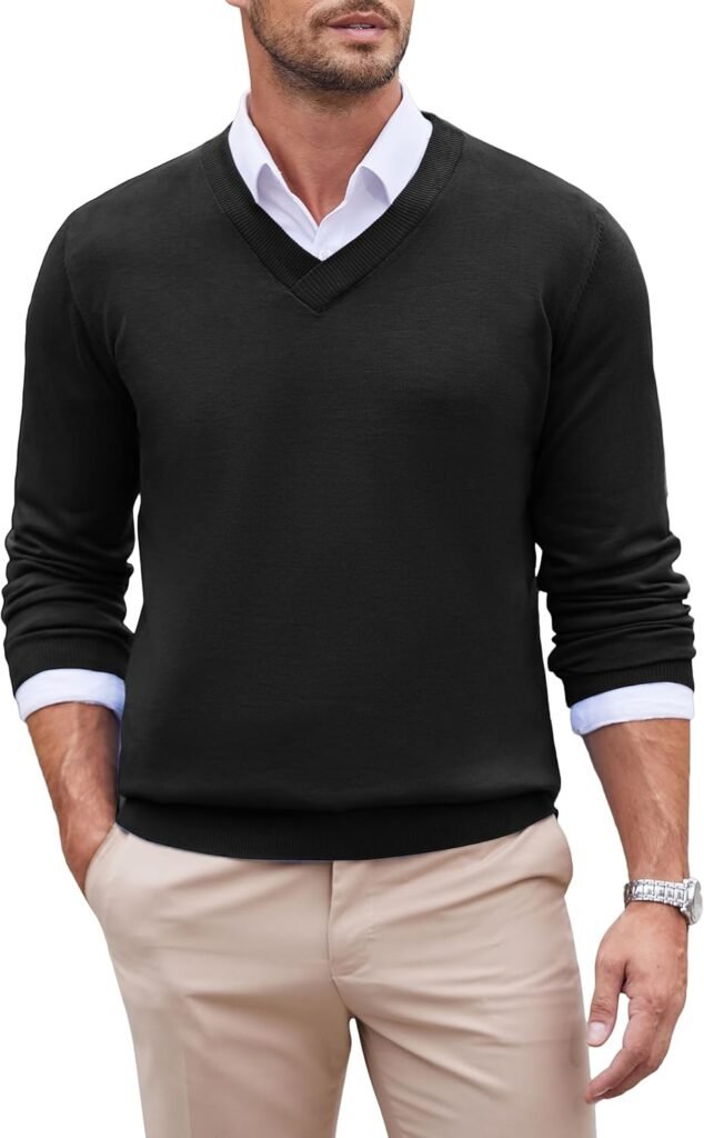 COOFANDY Men’s Jumper V-Neck Sweater Long Sleeve Slim Fit Knitted Pullover Casual Business Knitted Sweater Lightweight Jumper