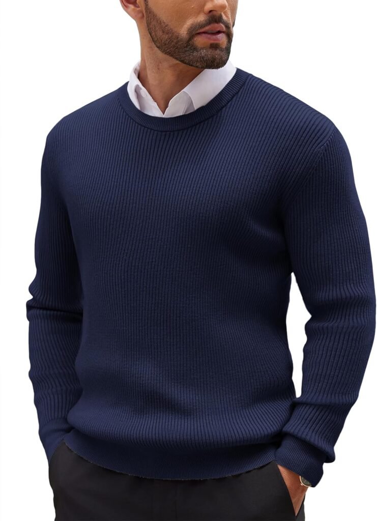 COOFANDY Mens Knitted Jumper Crew Neck Sweater Basic Narrow Stripes Knitting Shirt Long Sleeve Ribbed Jumpers Regular Fit Classic
