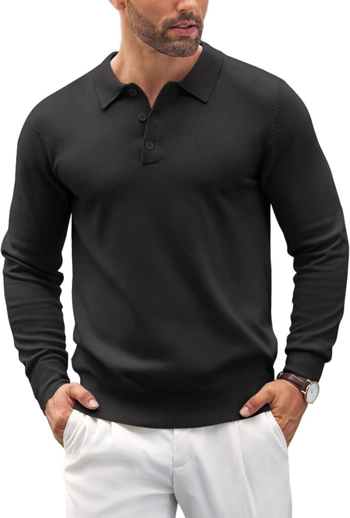 COOFANDY Mens Polo Jumper Long Sleeve Poloshirts Knitted Sweater Basic Sweatshirts Warm Pullover Solid Color