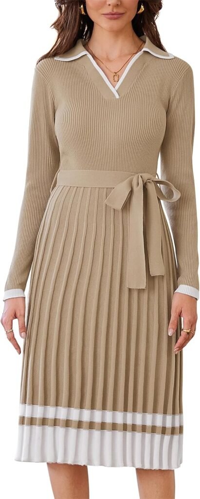 CURLBIUTY Women’s Jumper Dress Winter Sweater Dress Casual A-Line Pleated Midi Dress with Belt Ladies Knitted Elegant Pullover Dress