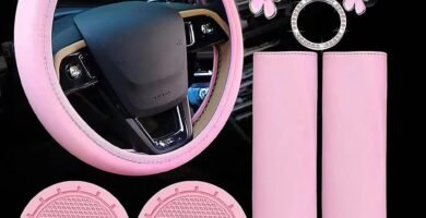 Cachpib 10 Pieces Pink Steering Wheel Cover for Women, Cute Car Accessories Set With Seat Belt Shoulder Pads Cup Holders