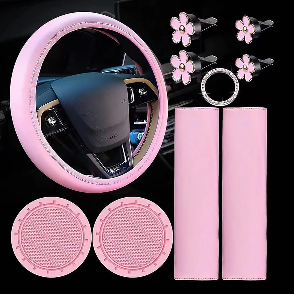 Cachpib 10 Pieces Pink Steering Wheel Cover for Women, Cute Car Accessories Set With Seat Belt Shoulder Pads Cup Holders