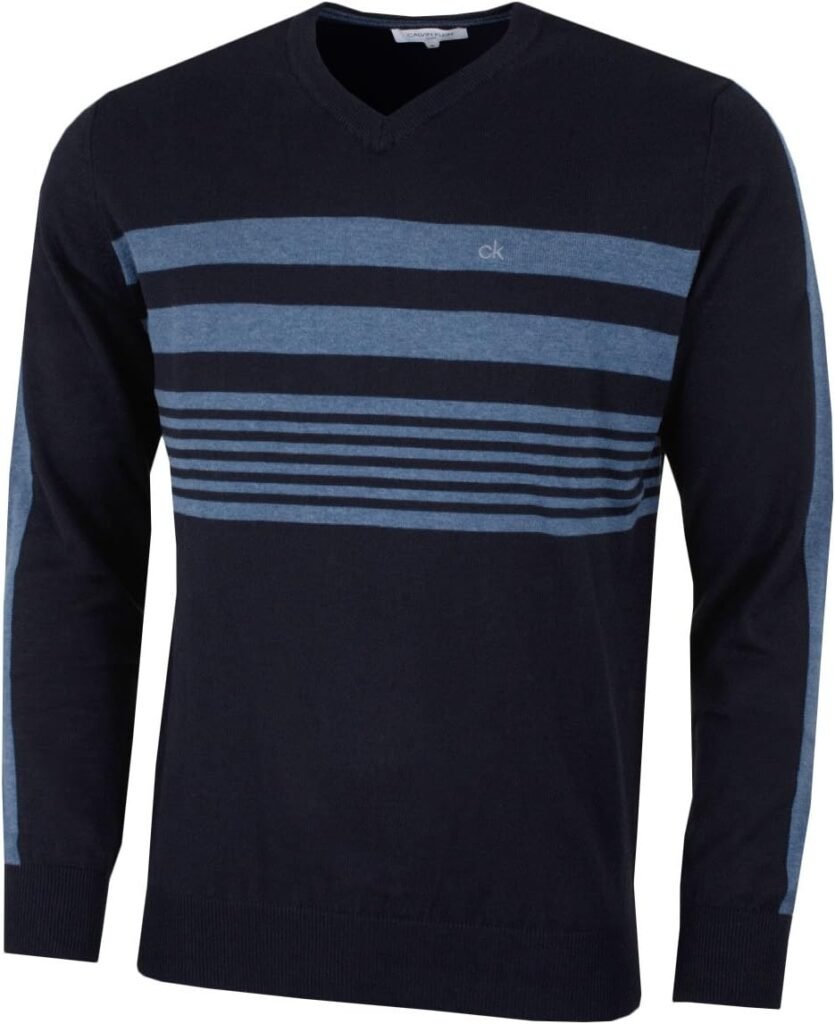 Calvin Klein Mens 2024 V Neck Performance Soft Chest Stripe Sweater Calvin Klein Mens 2024 V Neck Performance Soft Chest Stripe Sweater