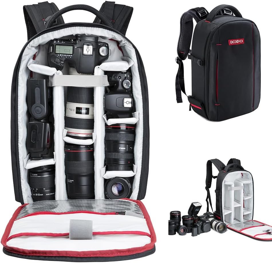 Camera Backpack, Beschoi Waterproof Anti-Shock Camera Bag with Tripod Strap, Large Capacity for for Canon Nikon Sony DSLR Camera, Speedlite Flash, Tripod, Camera Lens, Size 17.3″ x 11″ x 5.5″, Black Camera Backpack, Beschoi Waterproof Anti-Shock Camera Bag with Tripod Strap, Large Capacity for for Canon Nikon Sony DSLR Camera, Speedlite Flash, Tripod, Camera Lens, Size 17.3″ x 11″ x 5.5″, Black