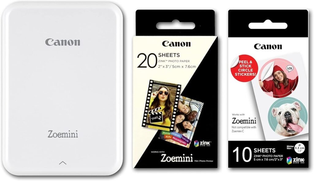 Canon Zoemini Instant Mini Photo Printer (White) + pack of 20 sheets + pack of 10 circle stickers