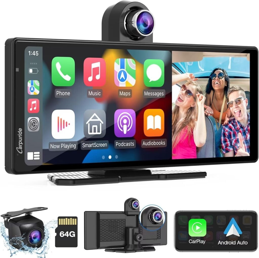 Carpuride W903 Portable Wireless Carplay & Android Auto with Dash Cam – 9.3″ HD IPS Screen, 2.5K Front & Backup Camera, Loop Recording, Bluetooth, Mirror Link, GPS, Siri, Dashboard Mounted