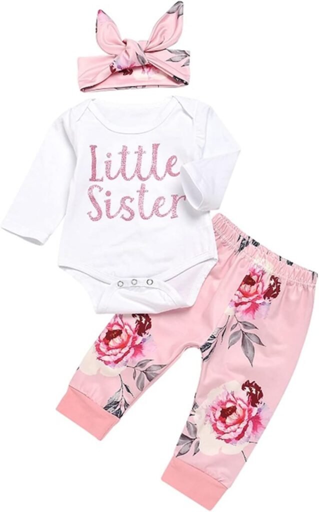ChYoung Baby Girl Clothes Set Newborn Outfit Little Sister Romper Top and Rose Printed Pant and Headband 3 Pieces ChYoung Baby Girl Clothes Set Newborn Outfit Little Sister Romper Top and Rose Printed Pant and Headband 3 Pieces