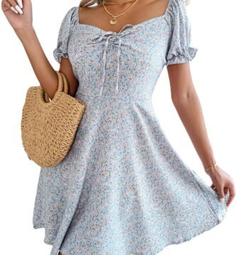 CheChury Women Summer Dress Floral Print Dress Puff Sleeve Short Dress Vintage Beach Dress A Line Mini Short Dresses for UK
