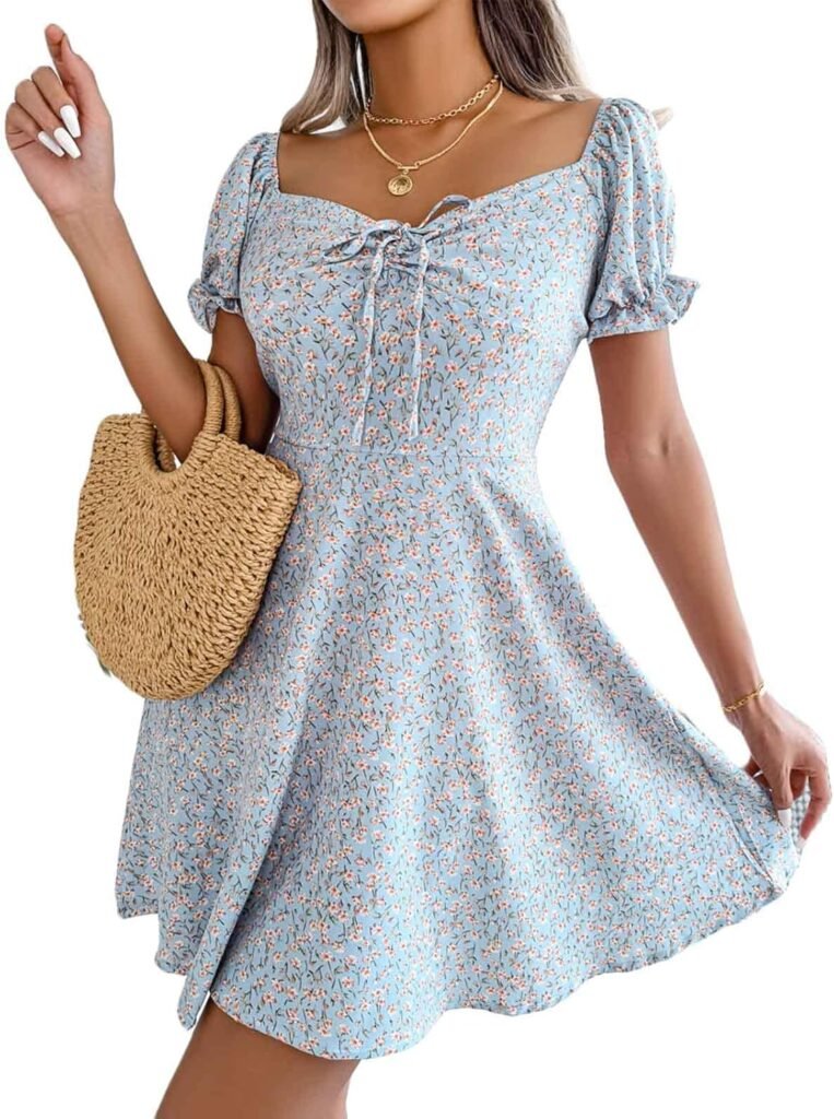CheChury Women Summer Dress Floral Print Dress Puff Sleeve Short Dress Vintage Beach Dress A Line Mini Short Dresses for UK