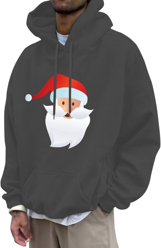 Christmas Hoodies For Men Long Sleeve Christmas Printed Drawstring Hooded Pullover Sweatshirt With Pocket Autumn Winter Warm Soft Xmas Jumpers Holiday Christmas Outfits