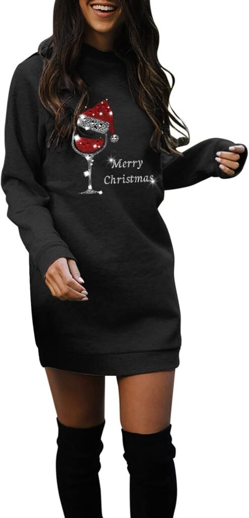 Christmas Sweatshirt Dress for Women Long Oversized Crew Neck Sweatshirts Long Sleeves Merry Christmas Print Wine Glass Graphic Jumpers Funny Cute Christmas Xmas Print Casual Tops Pullover Blouse
