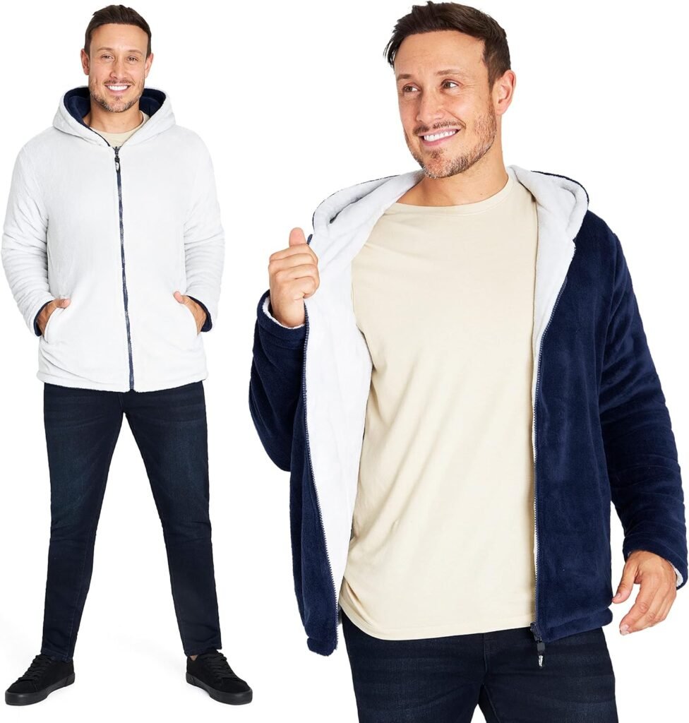 CityComfort Mens Hoodie Reversible Fleece Jacket Mens Full Zip Up Warm Fleece Jacket Outdoor Thermal Hiking Walking Work Fleece for Men and Teens Size M-3XL