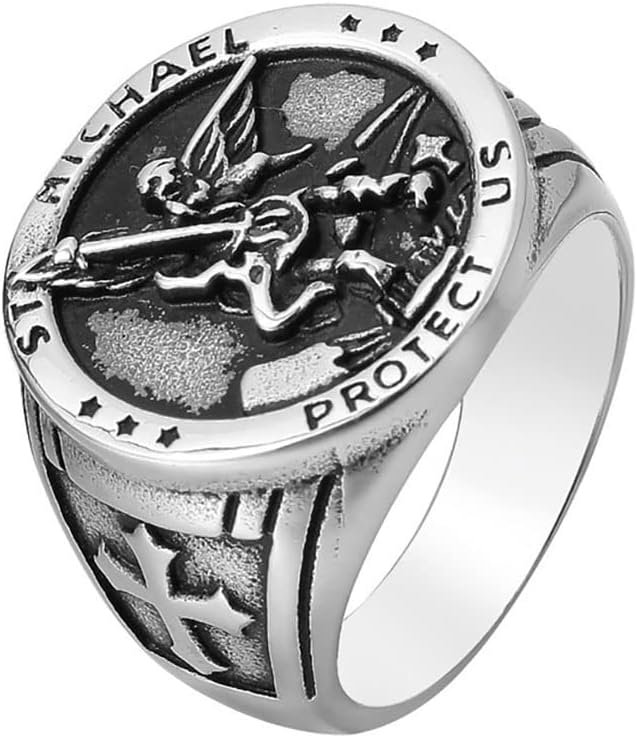 Classic Stainless Steel Ring for Men St. Michael Ring Irish Celtic Knot Rings Retro Viking Alphabet Celtic Rings for Man Father Husband Boyfriend Size Q/S/V½/X½