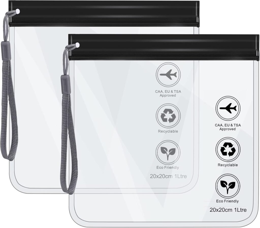 Clear Travel Toiletry Bag – Airport Security Liquids Bags, Airport Liquid Bag 20 x 20cm TSA Approved, Travel Accessories Makeup Bags Holiday Essentials Luggage for Men Women