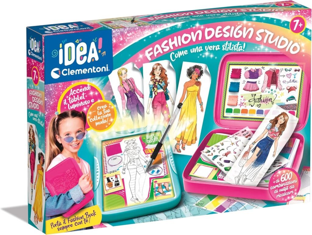 Clementoni Idea-Fashion Designer Light Board Clothing Set Creative Toy for Girls 6 Years Multicolor Folding Stand Lightweight Top Drawings Pattern Pen