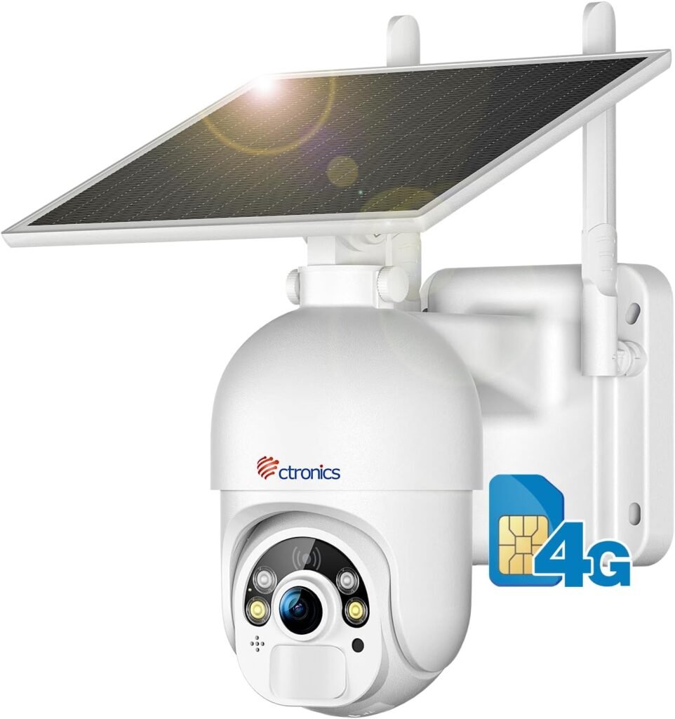 Ctronics 4G No WiFi Security Camera, Wireless 3G/4G LTE Camera Outdoor Solar with Sim Card【2,5K HD, PTZ, IP66】2 Way Audio, 355°/90° PIR Human Detection Solar Camera Compatible with Phone/Pad/Computer