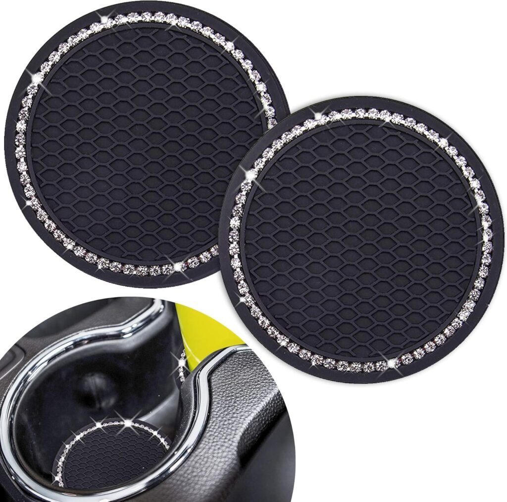 Cute Car Cup Coaster,Dermasy 2PCS Universal Vehicle Holder Insert Coaster 2.75 inch Silicone Anti Slip Bling Crystal Rhinestone Auto Accessories for Women & Lady (Black background with white diamond))