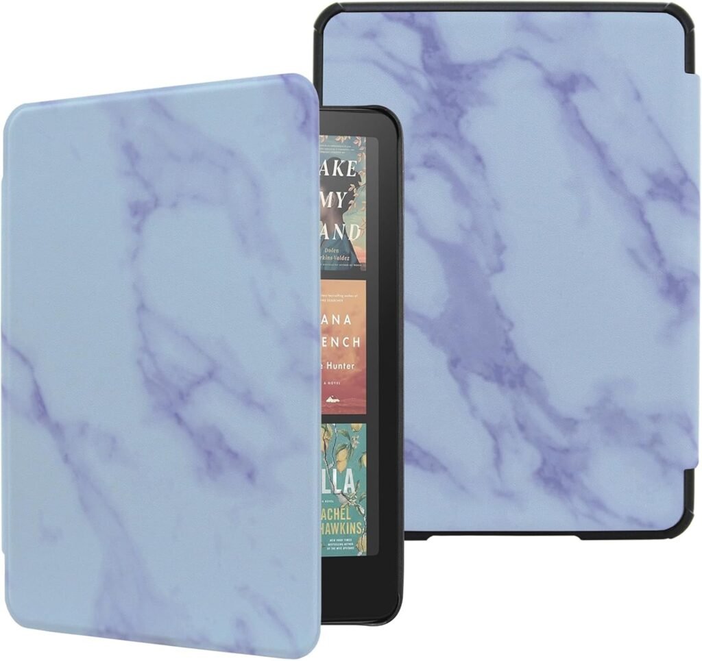 DMLuna Case for 7″ Kindle Paperwhite (12th Generation) 2024 Model:SA569P / Kindle Colorsoft Signature Edition (1st Gen), PU Leather, Lightweight Water-Safe Cover with Auto Sleep Wake, Marble Purple