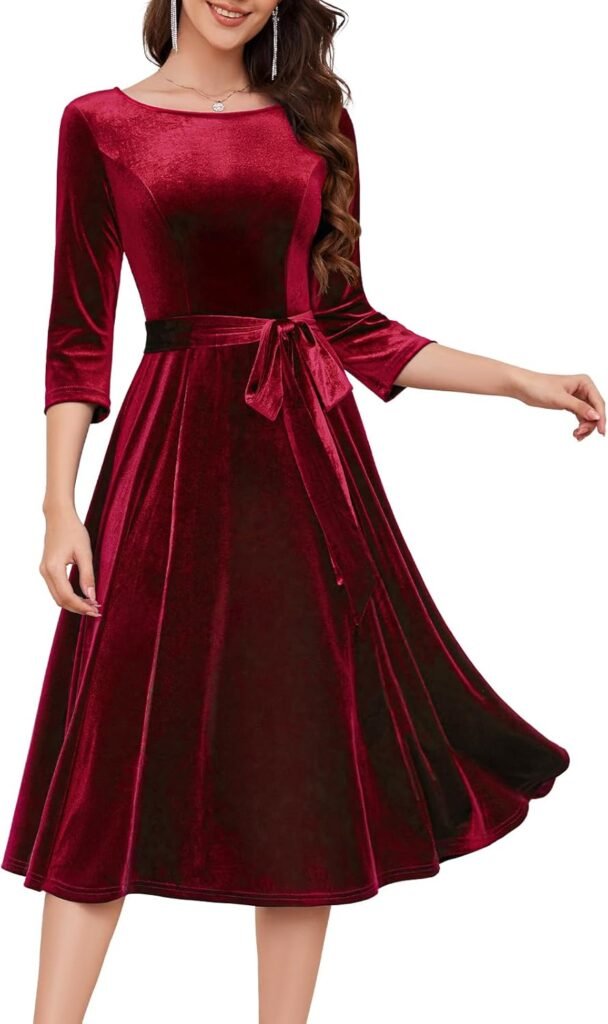 DRESSTELLS Velvet Cocktail Dress for Women, 2024 Fall Vintage A-Line Elegant Velvet Dress, 3/4 Sleeves Winter Formal Dress