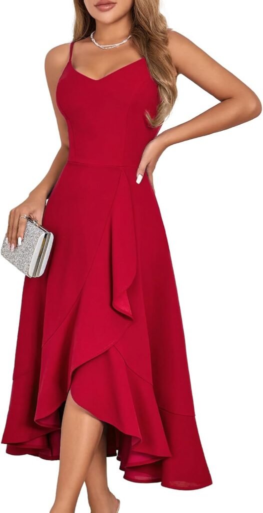 DRESSTELLS Wedding Guest Spaghetti Strap Dresses for Women UK, High Low Cocktail Party Prom Dress