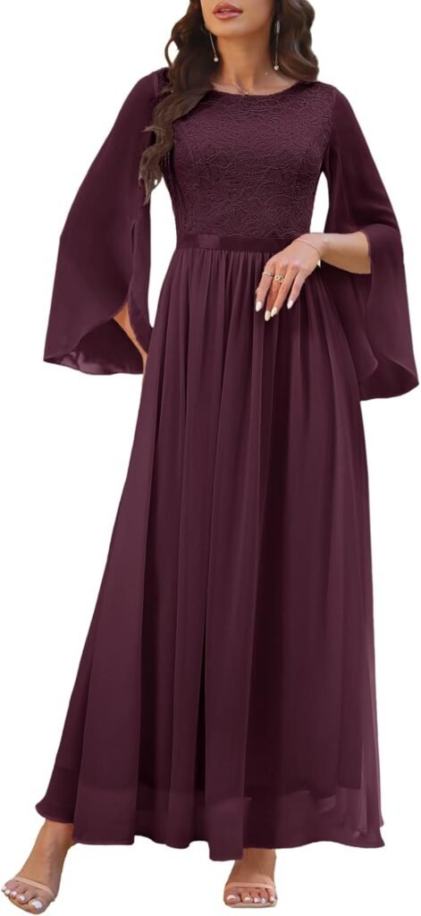 DRESSTELLS Womens Formal Wedding Guest Bridesmaid Lace Chiffon Long Dress, Modest Prom Party Evening Gown 2024