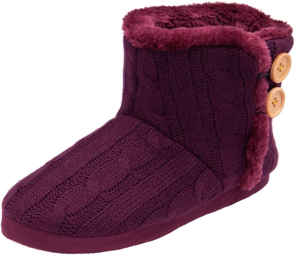 DUNLOP Ladies Slippers Comfortable Booties Ladies Quality Ankle Slippers Memory Foam Boots Indoor Outdoor with Non Slip Sole | Knitted Slippers Fluffy Lining