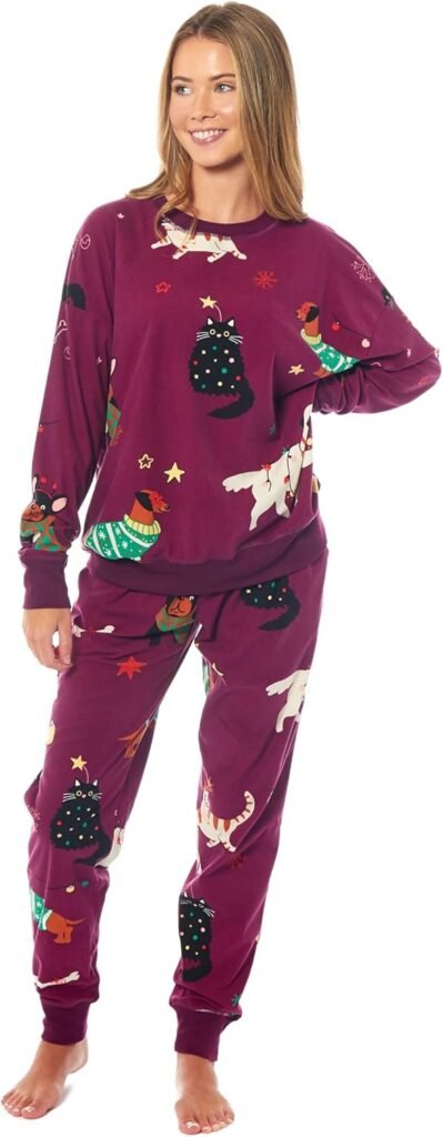 Daisy Dreamer Womens Printed Fleece Pyjama Set Soft & Warm Sleepwear Loungewear Nightwear Long Sleeve Top Ladies Animal Print Pjs