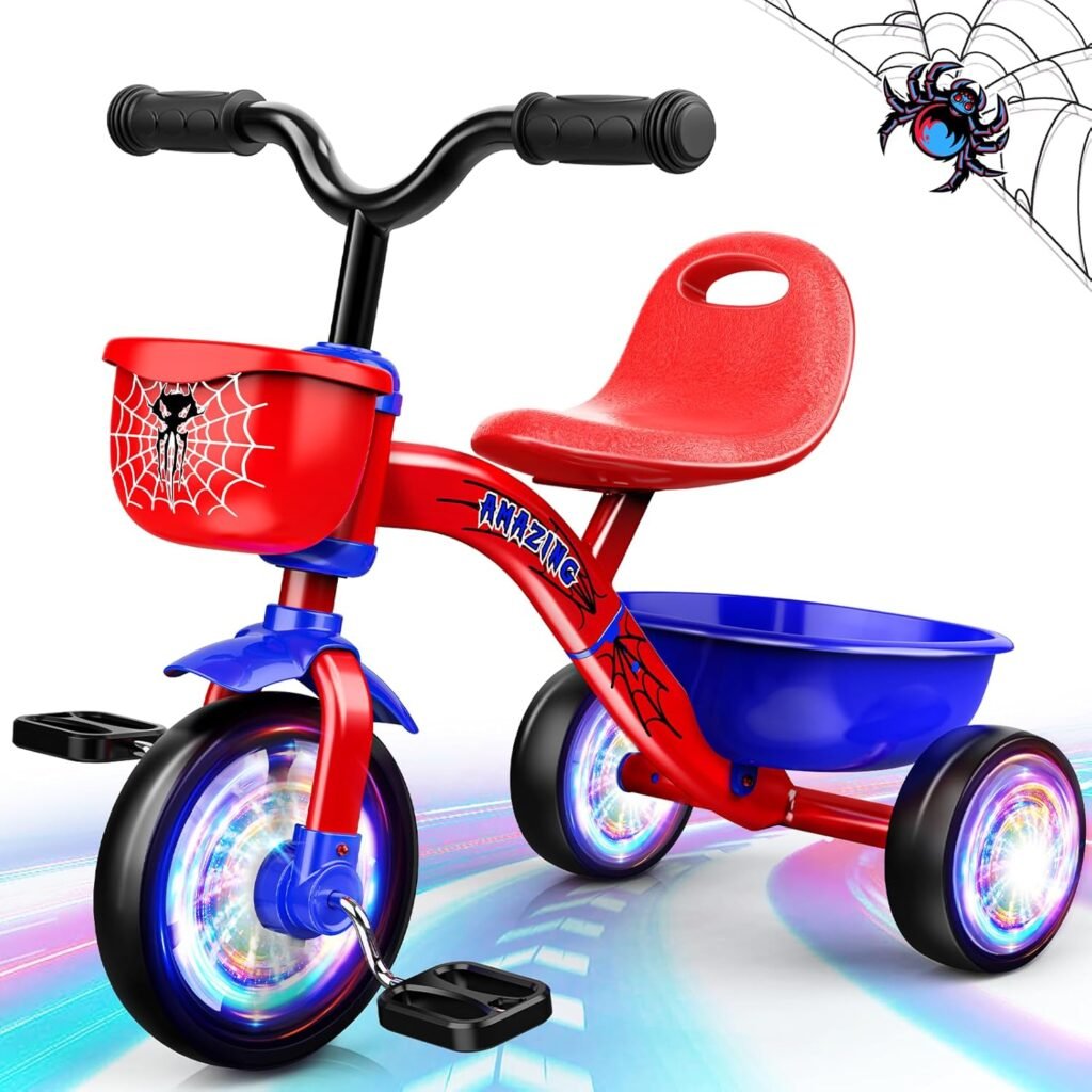 Dancial Spider Toddler Tricycles 1-5 Year Old, Boys balance bike with pedals, Baby Trike Birthday Gift Present with Adjustable Seat & Colorful Lighting Wheels, Toddler Bike for Boys Girls Age 2 3 4