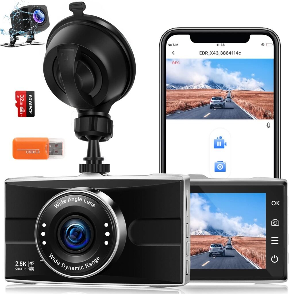 Dash Cam 2.5K Front and Rear Camera 1440P+1080P FHD WiFi Dual Dashcam for Cars Support APP with 32GB SD Card,Metal case,Super Night Vision,WDR,G-sensor,Loop Recording,Park Mode,Support 128GB Max