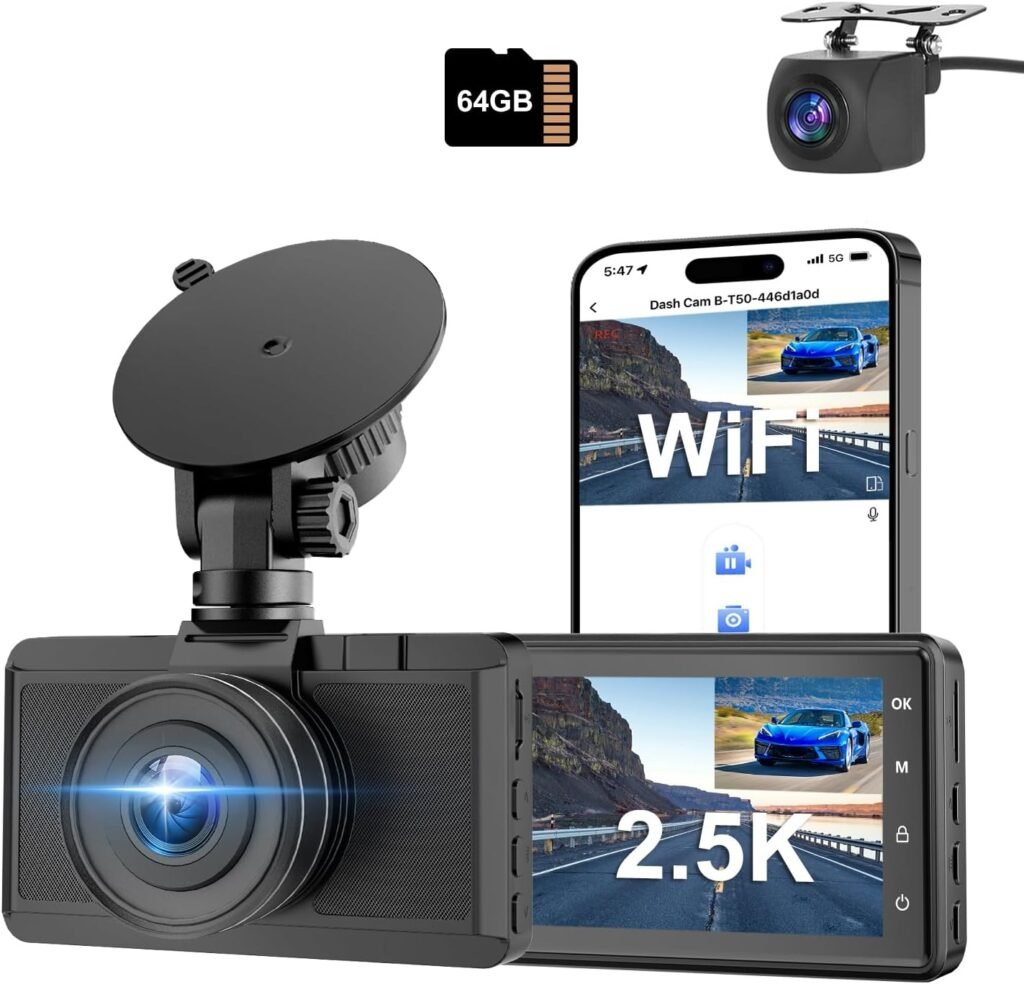 Dash Cam Front and Rear Camera, CHORTAU 3Inch Screen WiFi Dash cam, 2.5K+1080P Dash Camera for Cars, Dashboard Camera with Free 64GB Card, Type-C Port, Parking Monitor, Super Night Vision