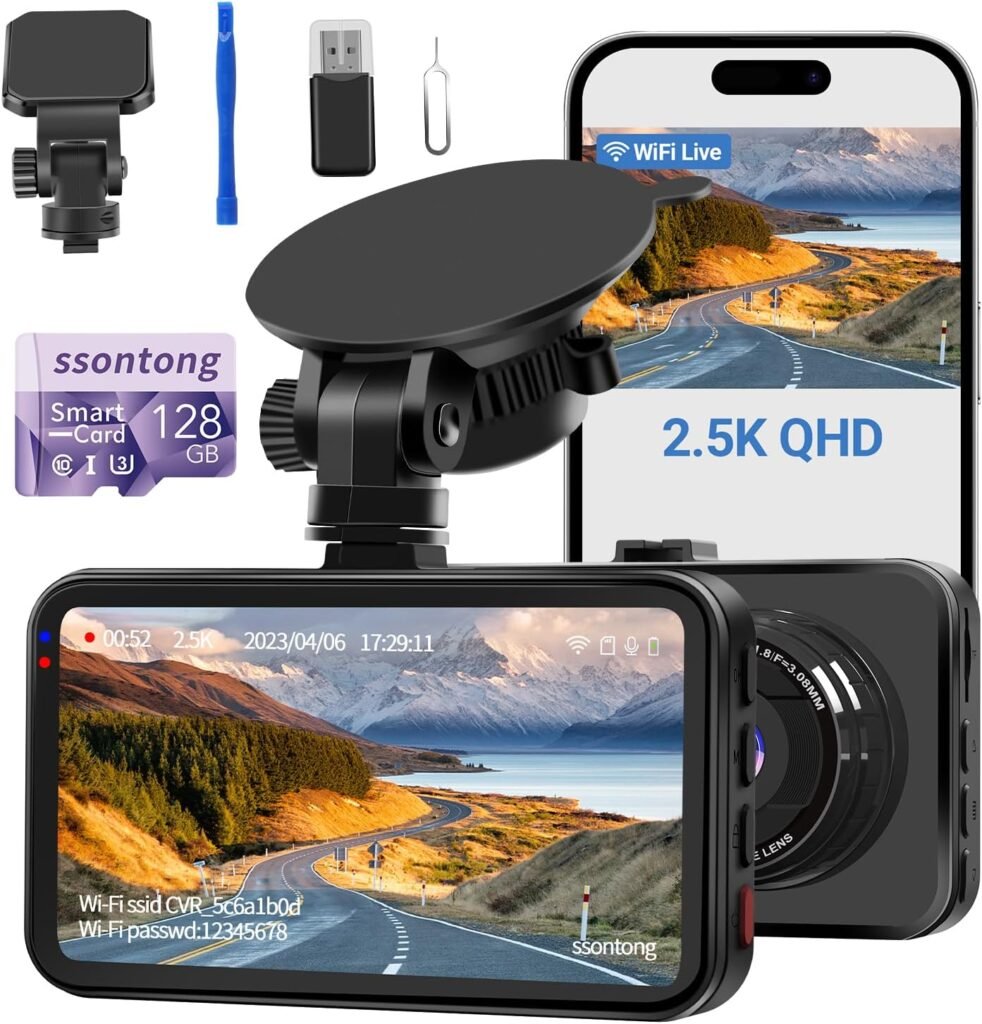 Dash Cam WiFi, Car Camera Dash Cam W/ 128GB Card Dashcam 2.5K QHD 1440P Dash Cam Front, Dash Cameras W/APP, Night Vision, 170°Wide Angle, G-sensor, Parking Monitor for Cars, Max Support 256GB