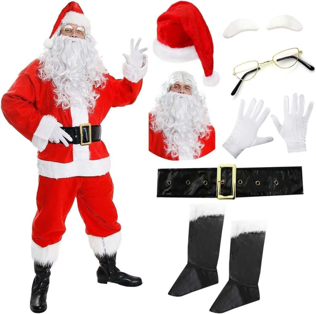 Deluxe Santa Suit Mens – Father Christmas Fancy Dress in 10 Pieces Inc. Jacket, Trousers, Hat, Wig, Beard, Eyebrows, Glasses, Gloves, Boot Covers & Belt (XXX-Large)