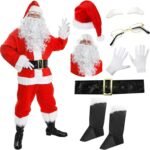 Deluxe Santa Suit Mens – Father Christmas Fancy Dress in 10 Pieces Inc. Jacket, Trousers, Hat, Wig, Beard, Eyebrows, Glasses, Gloves, Boot Covers & Belt (XXX-Large)