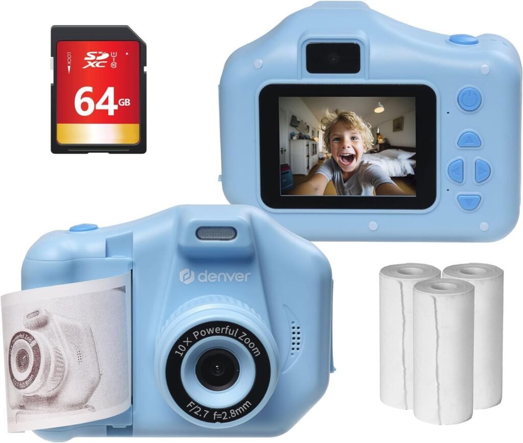 Denver Kids Instant Print Camera With 150 Photo Paper & 64GB SD Card – Rechargeable, 10X Zoom Photo, 1440P HD Video Digital Camera for Children with 4 Games, Selfie Lens & Photo Cartoon Frames – Blue