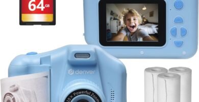 Denver Kids Instant Print Camera With 150 Photo Paper & 64GB SD Card – Rechargeable, 10X Zoom Photo, 1440P HD Video Digital Camera for Children with 4 Games, Selfie Lens & Photo Cartoon Frames – Blue