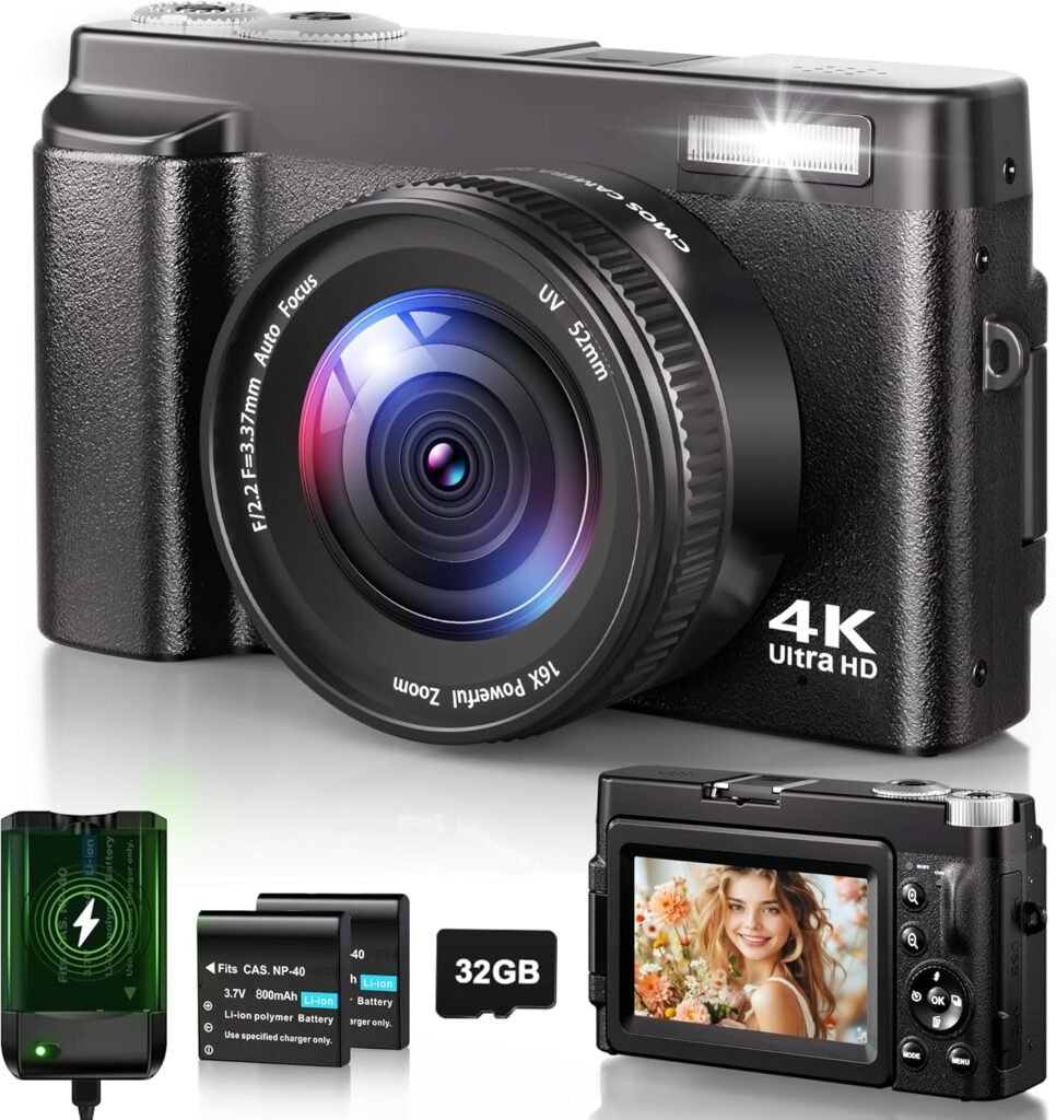 Digital Camera 4K, 48MP 16X Autofocus Digital Zoom Photo Camera, 3 Inch 180° Flip LCD Screen HD Compact Vlog Camera with Charging Station, 2 * 800 mAh Batteries, 32GB Card for Beginners, Children