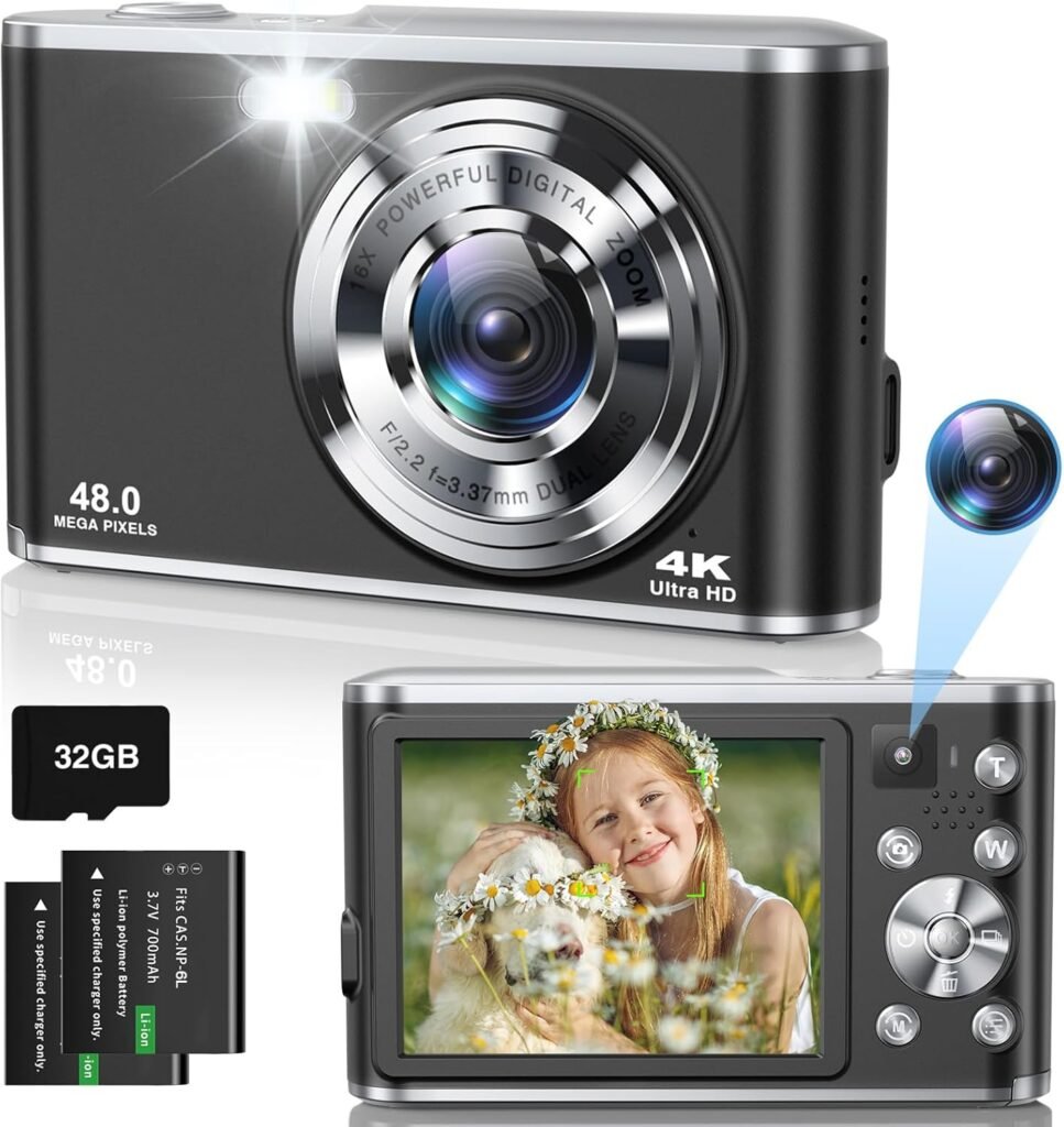 Digital Camera 4K, 48MP Autofocus Camera Selfie with Front and Rear Dual Lenses, 32GB Card, 2 Batteries, 16X Digital Zoom, Compact Travel Vlogging Video Camera for Kid Teen Beginner (Black)