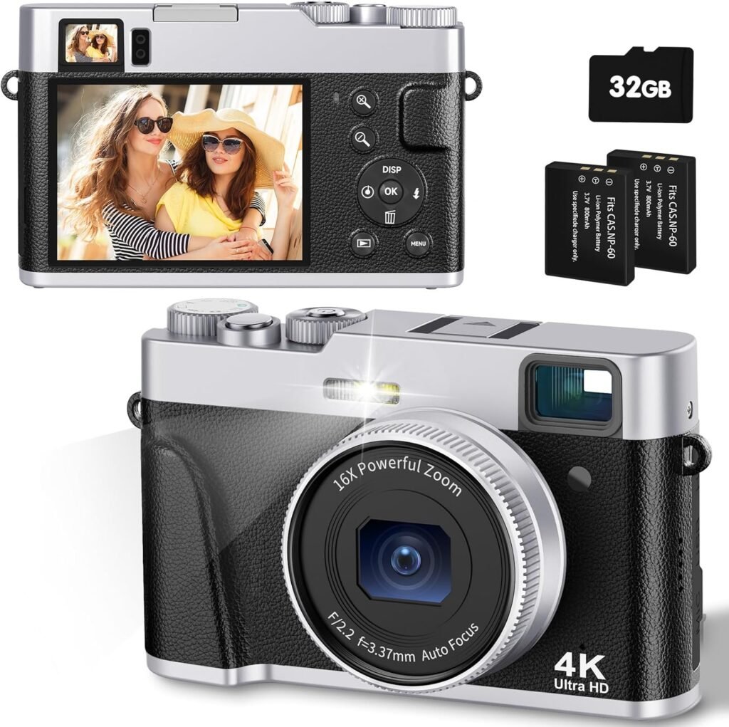 Digital Camera 4K 48MP Autofocus with 32G Card Optical Viewfinder 16x Zoom Vlogging Camera for Photography Flash Anti-shake Rechargeable Compact Camera for Beginner Teenager