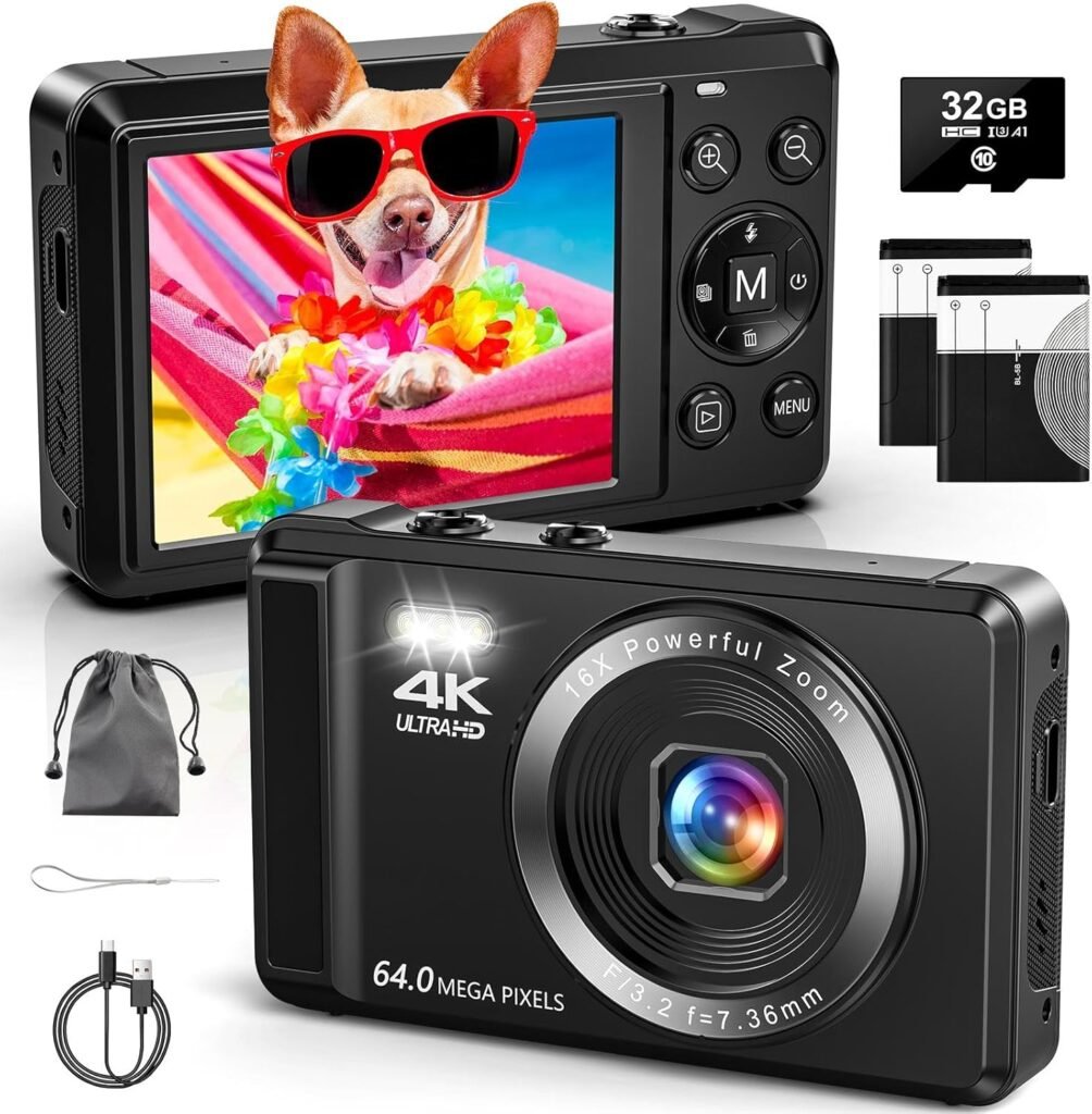 Digital Camera 4K 64MP Digital Camera with 32G SD Card Autofocus Vlogging Camera with Two 1200 mAh Batteries for Photography 16X Digital Zoom Mini Compact Camera for Kids Teenagers Beginners Adults