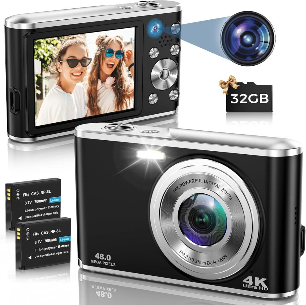 Digital Camera, 4K Autofocus Digital Camera with 32G Memory Card Front and Rear Dual Cameras, HD 48MP with 2.8″ Large Screen, 16X Digital Zoom, Rechargeable Compact Camera for Beginners (Black)