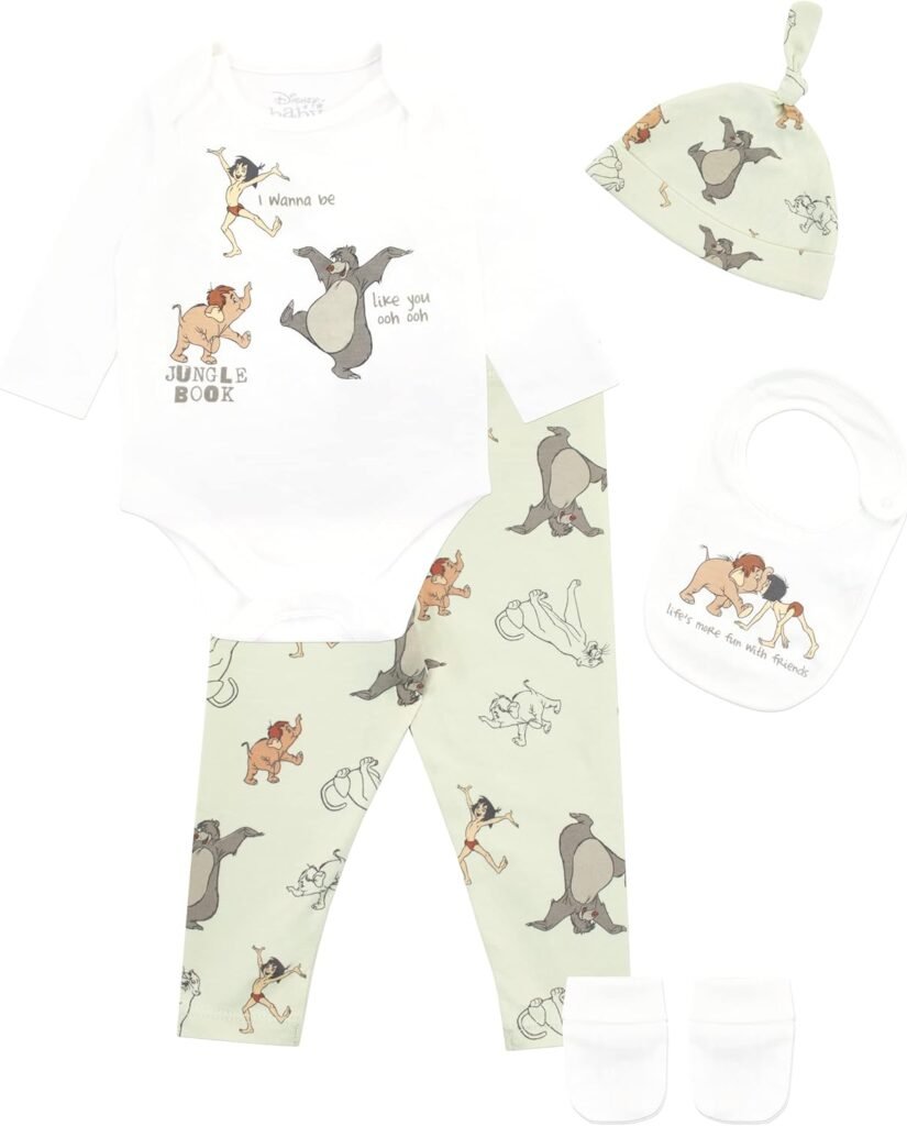Disney Baby Boys Jungle Book Bodysuit with Hat and Bib Outfit 5 Piece Set